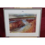 Joan Hodes (b. 1925), watercolour - Marshes, Rising Sun, initialled, in glazed frame, 35cm x 46cm.