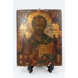 19th century Russian Icon, tempera on panel, depicting Saint Nicholas, 27cm x 22cm,