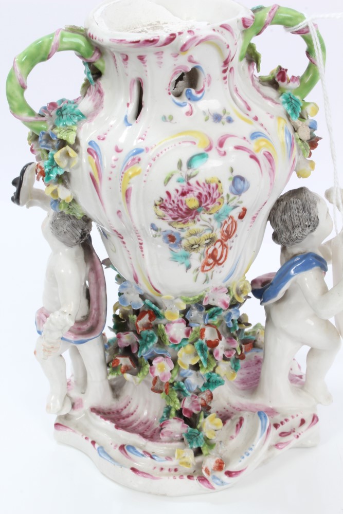 Fine 18th century Bow polychrome porcelain vase with putto mount to lid and three putti supporters - Image 9 of 14