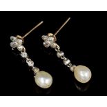 Pair of cultured pearl and diamond pendant earrings,