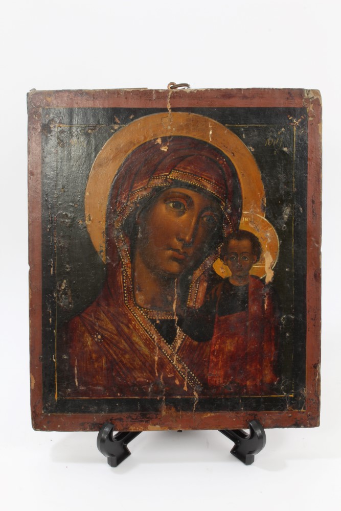 19th century Greek Icon, tempera on panel, depicting Madonna and Child, 31cm x 26.