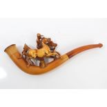 Late 19th century meerschaum pipe carved with Jockey with two horses, with amber mouthpiece,
