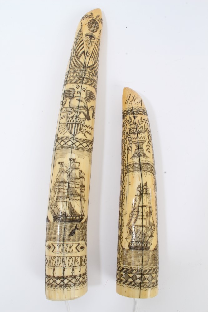 20th century carved hippopotamus tooth with ornate scrimshaw decoration depicting the whaling ship