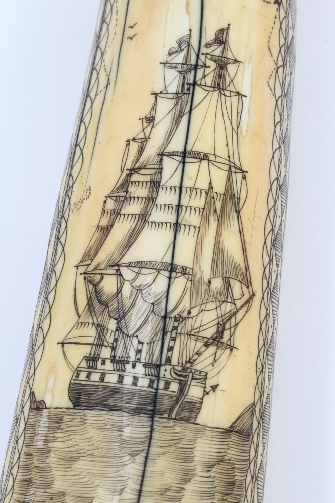 20th century carved hippopotamus tooth with ornate scrimshaw decoration depicting the whaling ship - Image 8 of 10