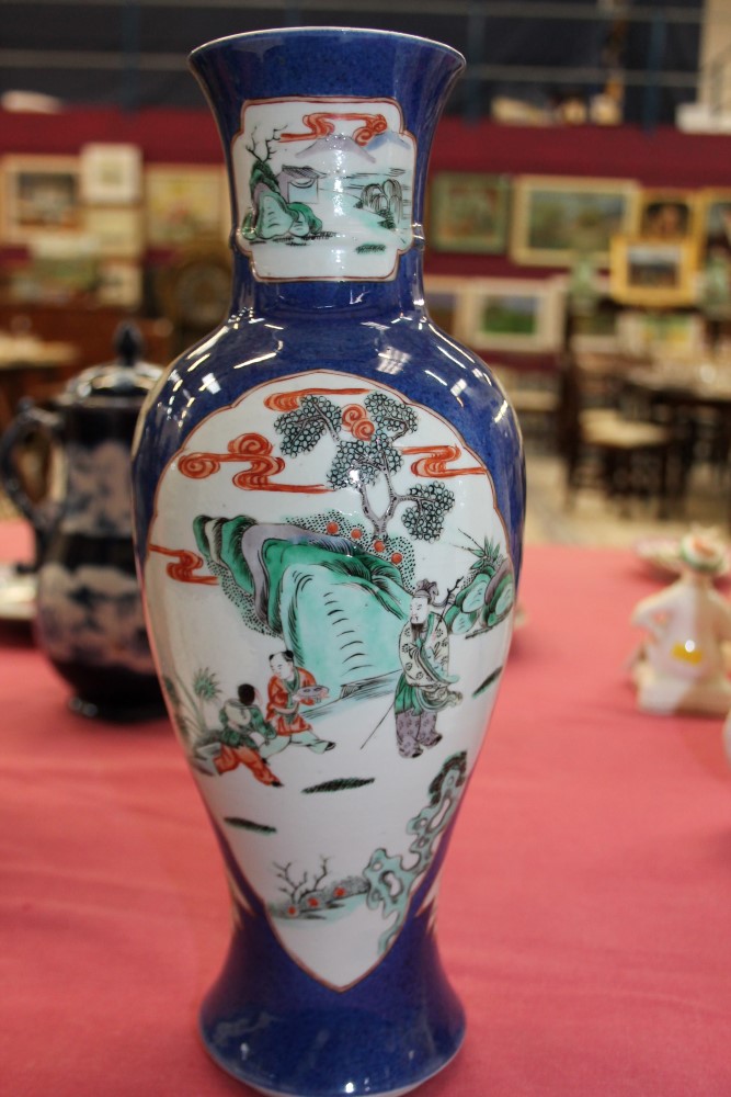 Pair early 20th century Chinese export famille verte oviform vases with figure in landscape and - Image 7 of 10