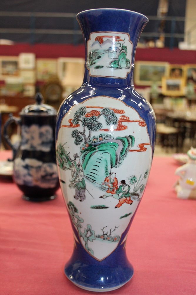 Pair early 20th century Chinese export famille verte oviform vases with figure in landscape and - Image 3 of 10