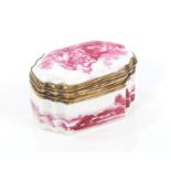 19th century German porcelain snuff box with gilt mount and puce painted figures and continuous