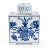 18th century Chinese blue and white tea caddy and cover of rectangular form, on bracket feet,