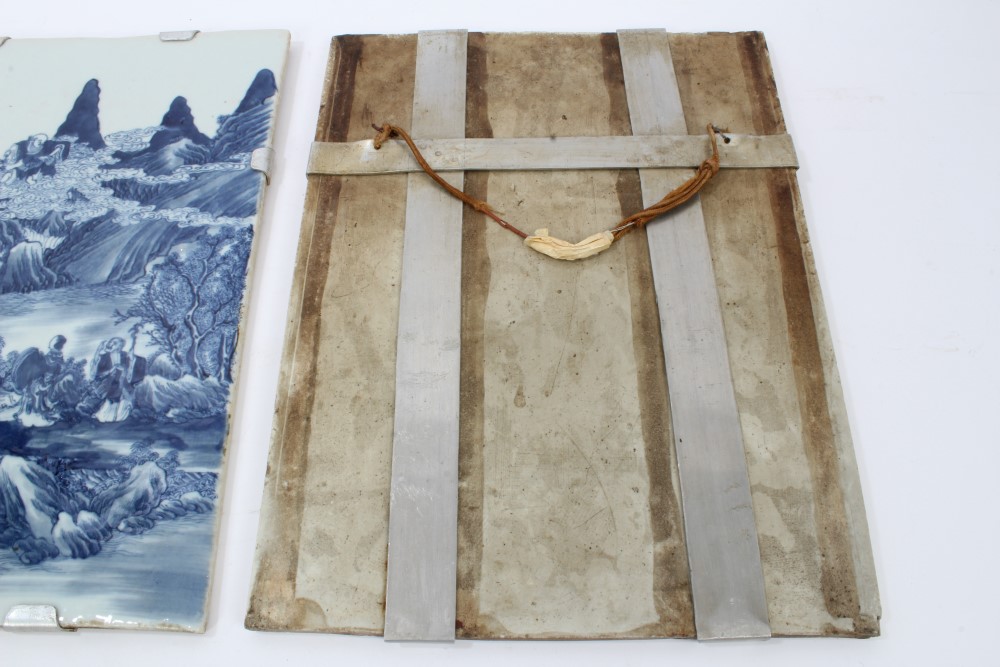 Pair 19th / early 20th century Chinese blue and white porcelain rectangular plaques painted with - Image 7 of 13