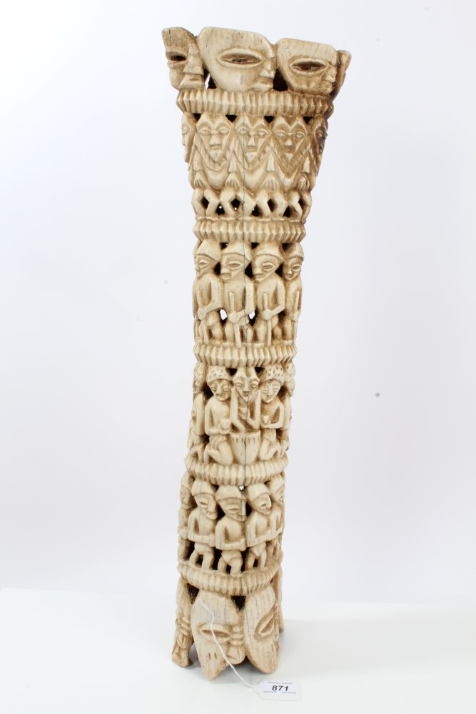 Large Old African, possibly Nigerian carved elephant bone decorated with human figures and masks, - Image 6 of 9