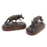 Pair 19th century bronze figures of a wolf and fox with naturalistic oval bases, brown patination,