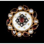 Continental gold, diamond and enamel brooch, the circular white enamel plaque with gold star design,