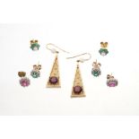 Four pairs of earrings - to include ruby and diamond cluster earrings,