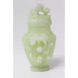 Chinese carved green jade vase and cover with dragon in relief decoration, 15.