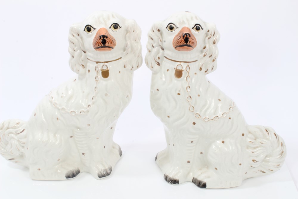 Pair Victorian Staffordshire pottery King Charles Spaniel ornaments with gilt decoration, 32cm, - Image 2 of 5