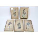 Set of five 19th century Chinese painted fabric collage pictures,