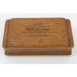 Victorian oak rectangular snuff box inscribed on lid 'Part of Ancient Seat of Lord Pitsligo in