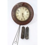 19th century postman's alarm wall clock with chain-driven wooden framed movement striking on a bell,