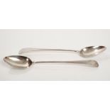 Pair George III silver Old English pattern serving spoons with engraved initials - R. W. M.