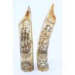 Two 20th century carved hippopotamus teeth with ornate scrimshaw ship and monument decoration,