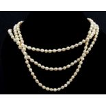 Fine antique natural pearl and diamond necklace with three graduated rows of natural pearls