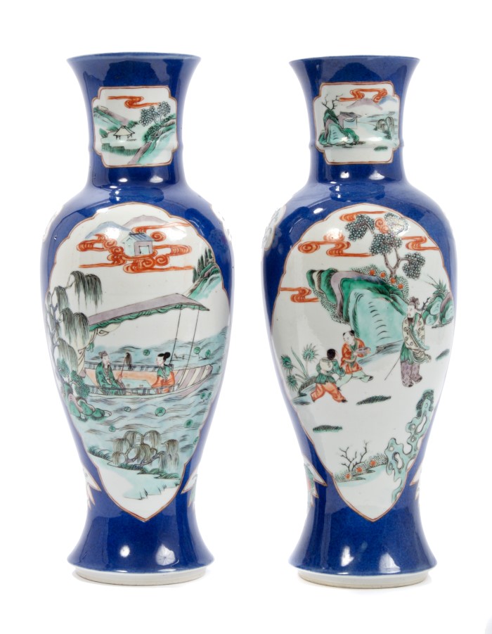 Pair early 20th century Chinese export famille verte oviform vases with figure in landscape and