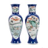 Pair early 20th century Chinese export famille verte oviform vases with figure in landscape and