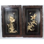 Pair of late 19th / early 20th century Japanese black lacquered and Shibyama panels with carved