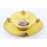 Early 19th century Coalport yellow ground ecuelle with painted landscape reserves, cover and stand,
