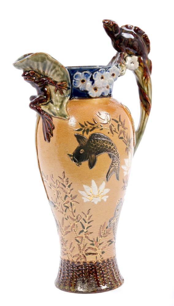 Unusual 1920s Doulton Lambeth jug with moulded frog and waterlily spout,