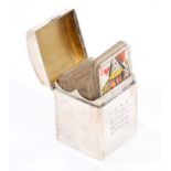 Late Victorian silver card box of square form, with hinged domed cover and engraved - 'L. D. R. A.