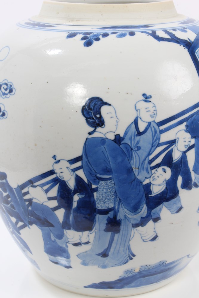 Late 17th century Chinese Kangxi blue and white baluster ginger jar painted with continuous figural - Image 9 of 19