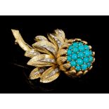 1960s Kutchinsky 18ct gold diamond and turquoise floral spray brooch with pavé set turquoise