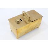 Victorian brass 'honour' tobacco box with coin slot and surmounting handle,