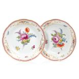 Pair 18th century Meissen porcelain dishes with polychrome painted floral sprays and moulded gilt