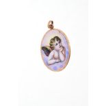 19th century gold and enamel pendant, painted in polychrome enamels depicting a cherub,
