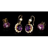 Pair amethyst and cultured pearl pendant earrings and pair gold amethyst and diamond flower-head