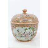 20th century Chinese famille rose tureen and cover with polychrome dancing figure reserves on