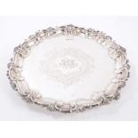 Fine quality Edwardian silver salver with decorative scroll and foliate border,