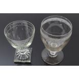 George III glass rummer with barrel-shaped bowl with engraved band, knopped stem on splayed foot,