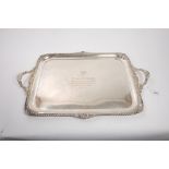 Fine quality late Victorian silver tray of rectangular form, with engraved presentation inscription,