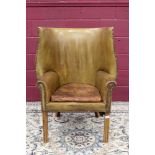 Good George III-style close-button leather upholstered tub armchair with barrel back,