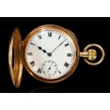 Gentlemen's 9ct gold half hunter pocket watch with warranted English seven jewel button-wind