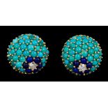 Pair 1960s Kutchinsky 18ct gold diamond, lapis lazuli and turquoise ear clips,