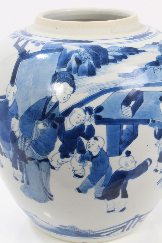 Late 17th century Chinese Kangxi blue and white baluster ginger jar painted with continuous figural - Image 11 of 19