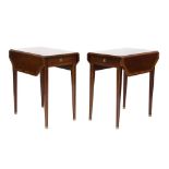 Pair of Sheraton-style mahogany and satinwood crossbanded drop-leaf top with canted angles,