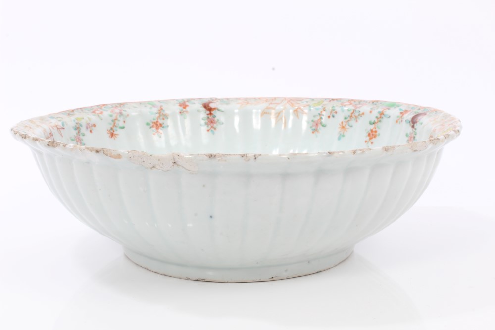 Mid-18th century Chinese export fluted basin with polychrome painted birds in flowering trees and - Image 2 of 6