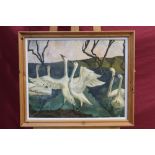 Follower of Cedric Morris (1889-1982), oil on paper laid down onto card, Bevy of Swans, 43 x 55cm,