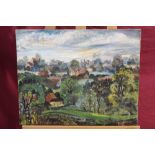 Benton End School (mid 20th century), oil on canvas, extensive landscape towards church tower,