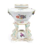 19th century Dresden porcelain inkwell with bird and floral painted reserves on yellow ground and